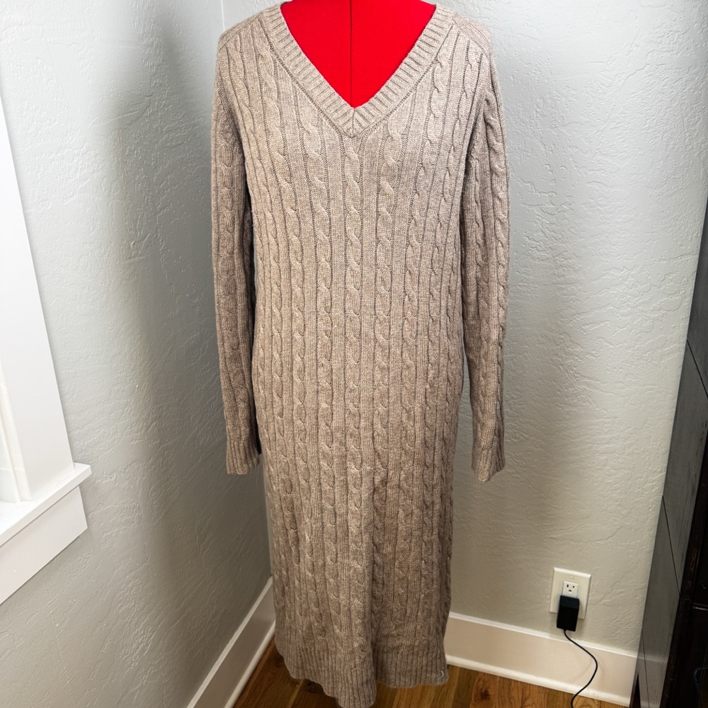 Faconnable Cable Knit Tan Wool Cashmere Blend V-Neck Long Sleeve Sweater Dress